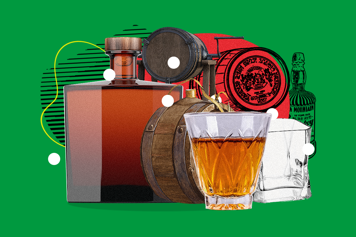 Scotch And Bourbon Barrels And Items Set Against A Green Background Graphic