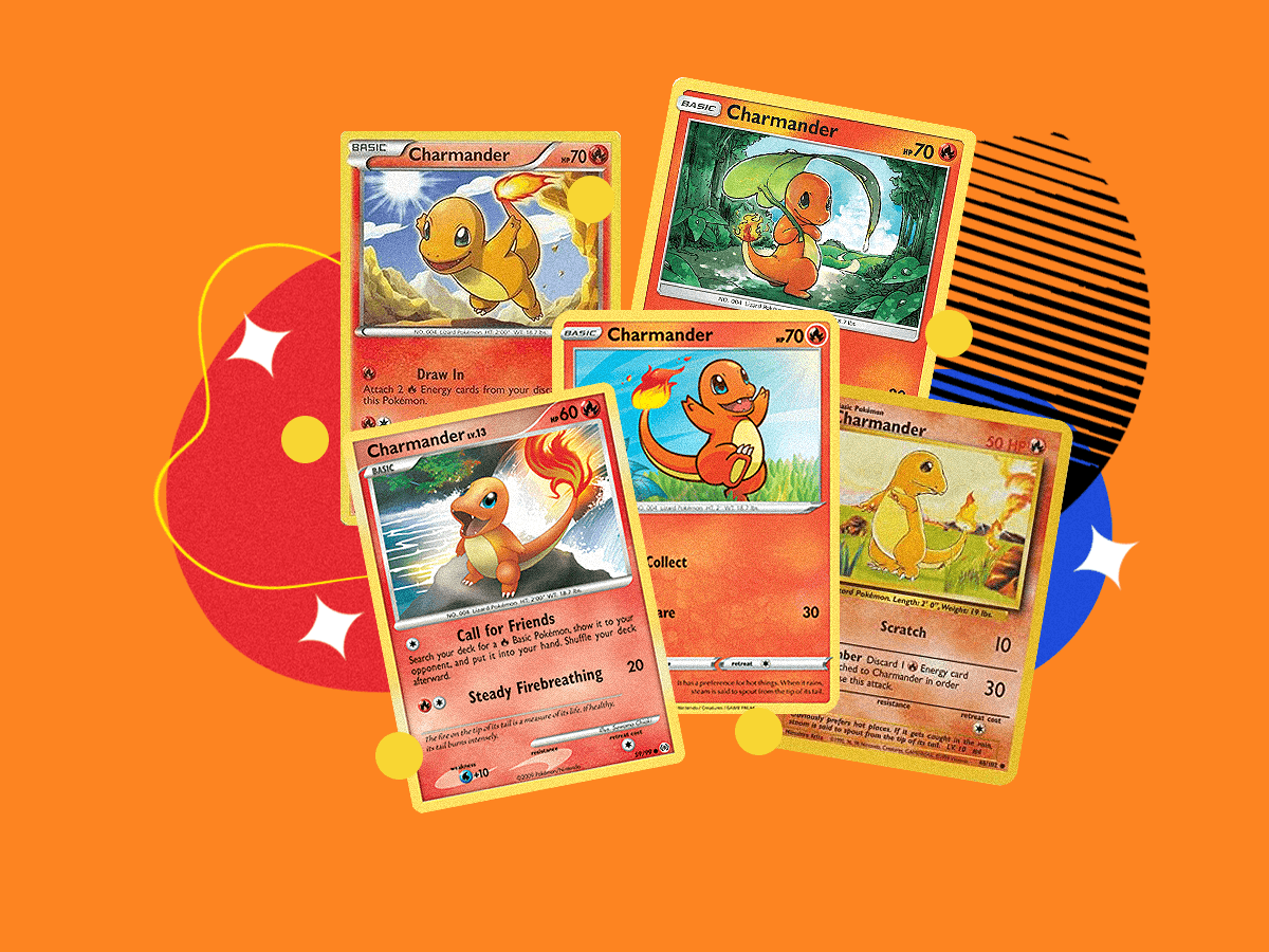 Trading Cards Of Charmander The Fire Type Pokemon Against An Orange Background