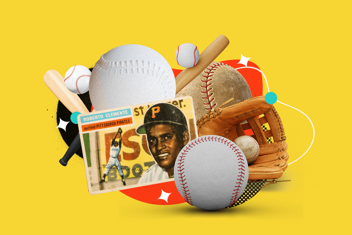 Roberto Clemente Baseball Card With Baseball Items Against A Yellow Background