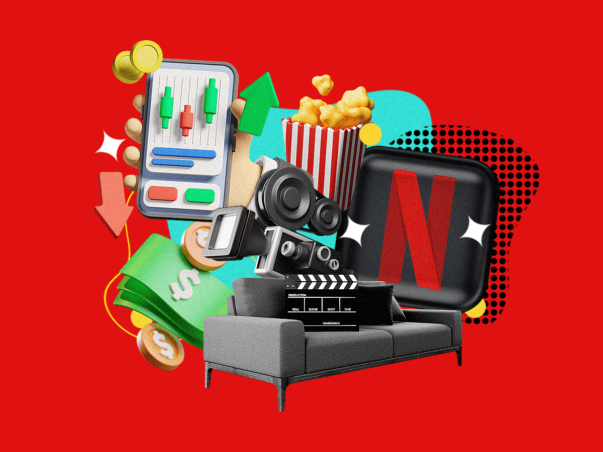 Graphic Of Netflix Logo with Movie Related Iconography Set Against A Red Background
