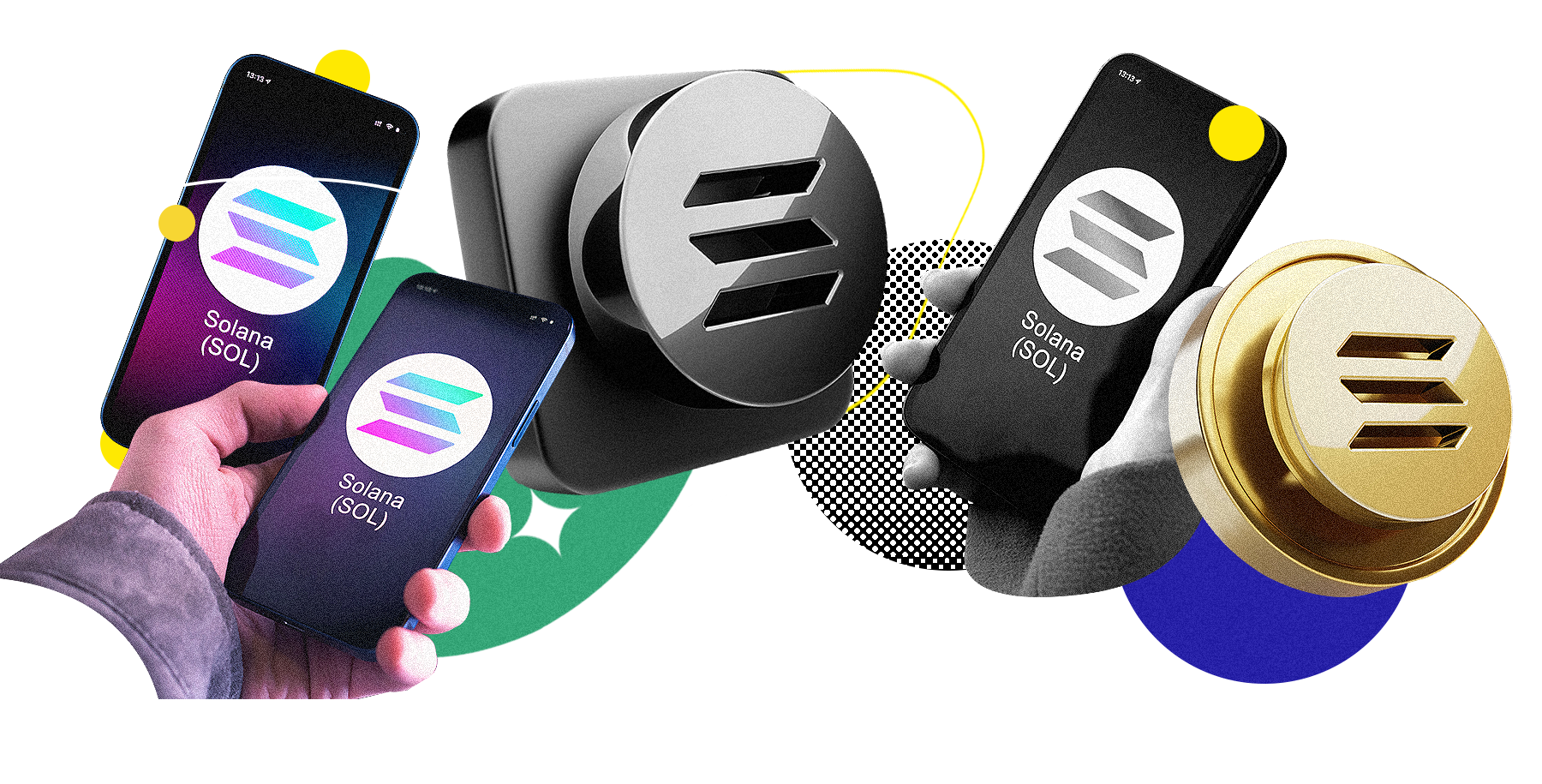 Assortment of phones and wallets related to Solana
