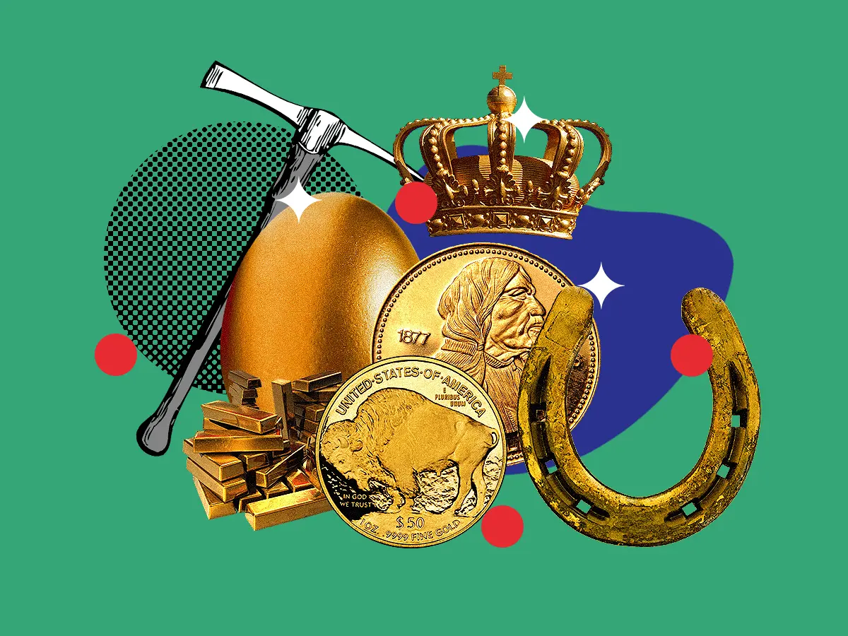 Gold related items, including gold coins for investing, featured against green background