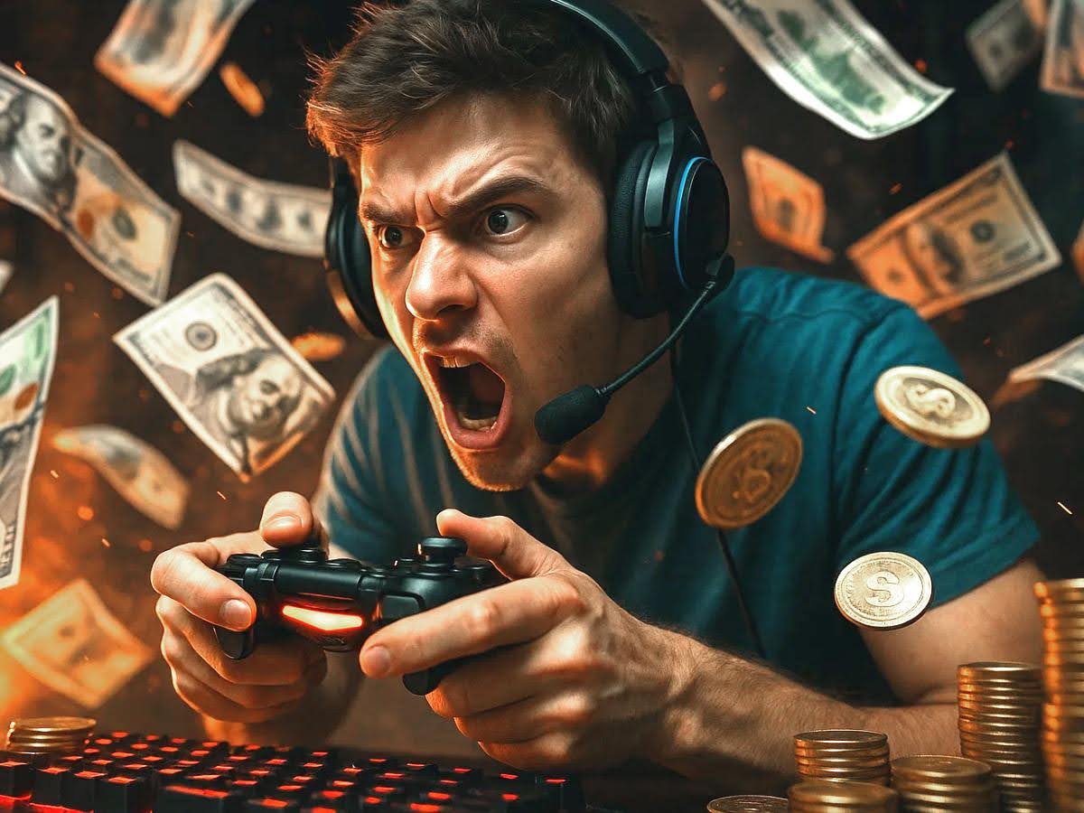 Man playing video games, yelling into headphones while money circulates around him